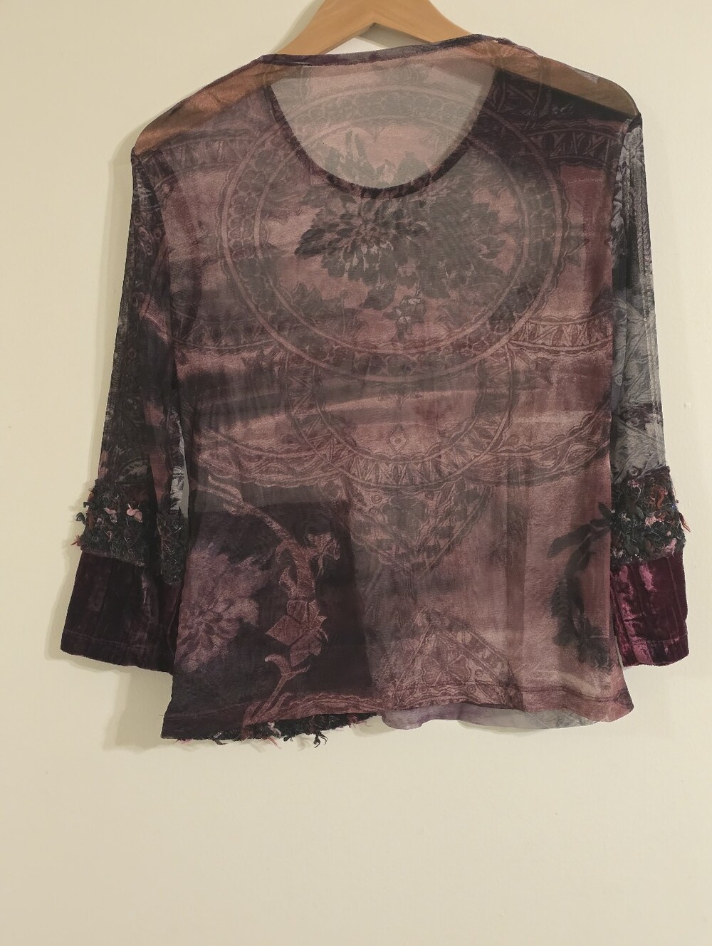 Y2K Gothic Purple Long Sleeve Sheer Floral Mesh  Patchwork Top Size M/ US 8-10 - Picture 13 of 17